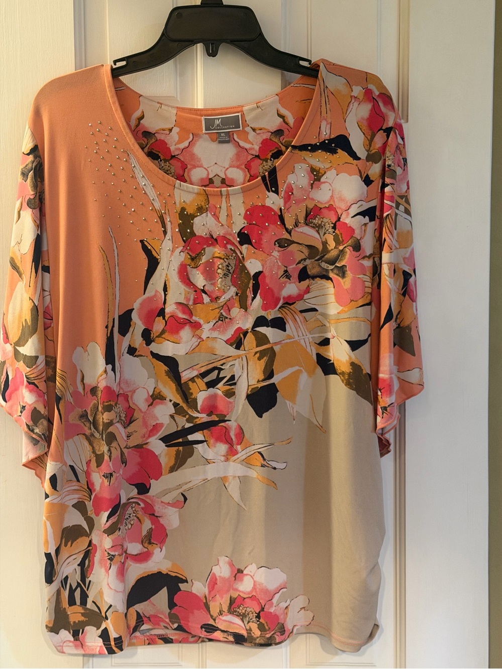 JM Collection Pink Floral Rhinestone Dolman Sleeve Top